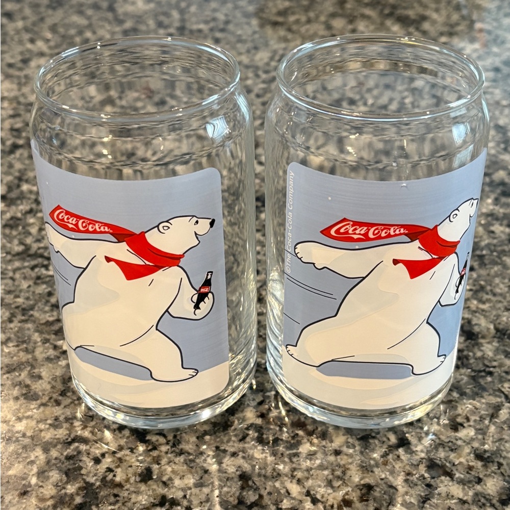 New- Set of 2 Vintage Style Coca-Cola Polar Bear can shaped glasses.